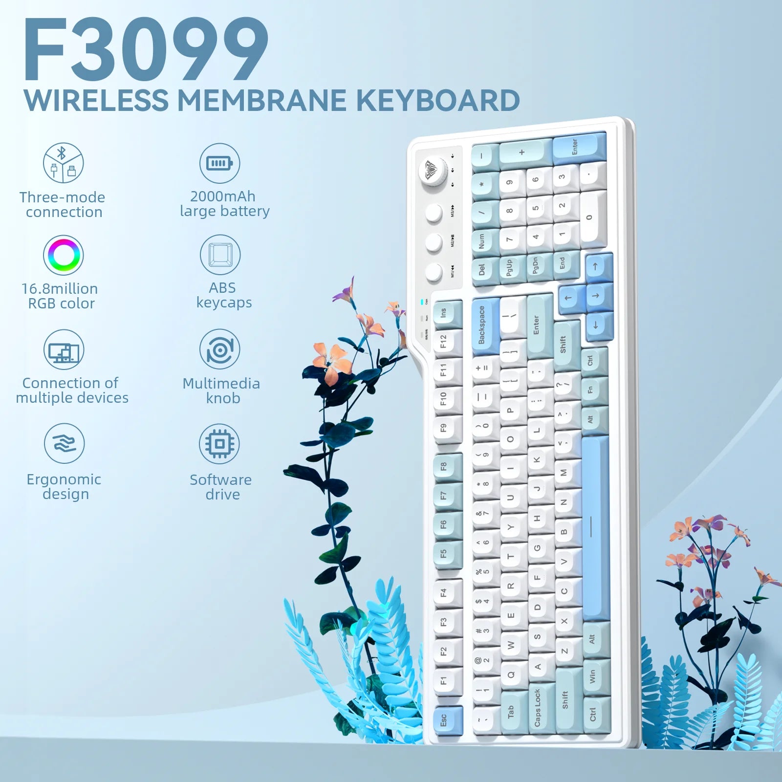 AULA F3099 Keyboard Triple-mode for Tablets and Desktop Computers Compatible with Multiple Operating Systems RGB Backlit